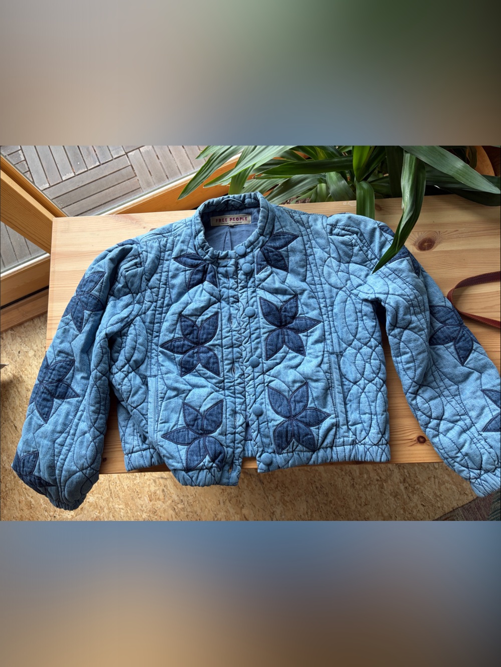 Free People Blue Quilted Floral Bomber Jacket